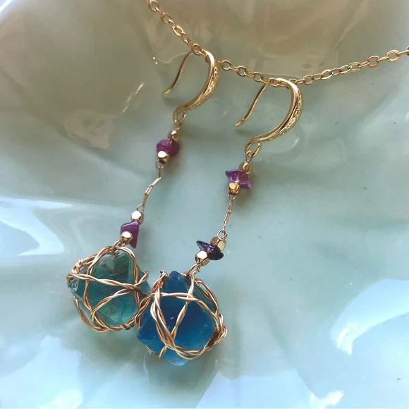 Gold and Blue Fluorite Octahedron Dangle Earrings E10 - Picture 2 of 2